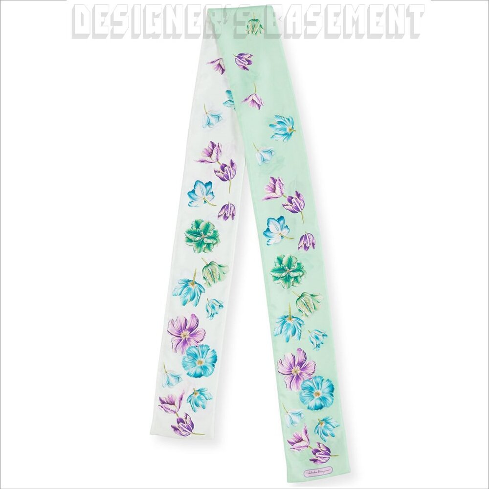 SALVATORE FERRAGAMO mint TULIPANI SKINNY long 2-sided silk twill scarf +envelope - Picture 4 of 6